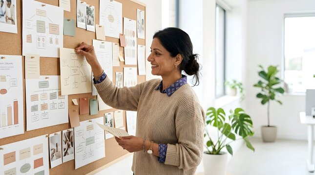 Professional woman pinning flowchart diagrams on a cork board in office