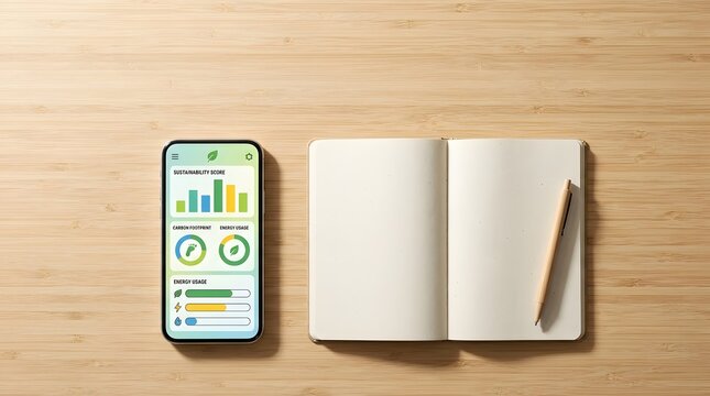 Smartphone with sustainability app dashboard beside notebook on wood desk