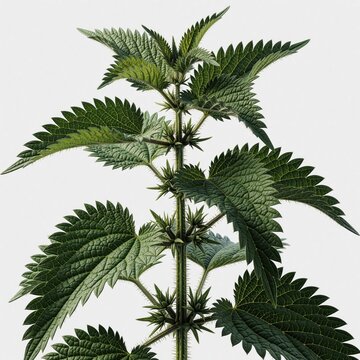 Detailed 3D nettle plant with green jagged leaves, stinging hairs on stem. Botanical illustration of stinging nettle herb isolated on white background. Useful for herbal medicine, ecology, organic