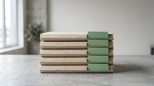 Stack of brown paper folders with green tabs on concrete surface