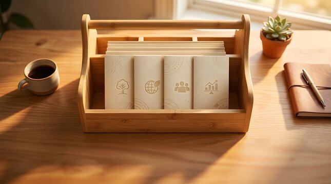 Wooden desk organizer with sustainability and business icons on table