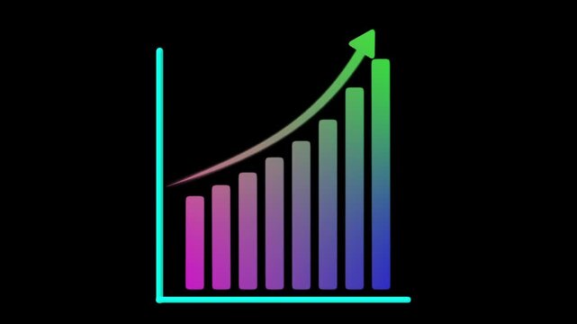 Colorful gradient bars climb beneath a green arrow within cyan graph axes on black, symbolizing financial growth and positive momentum.
