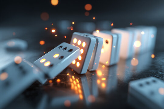 White dominoes falling in a chain reaction with glowing orange