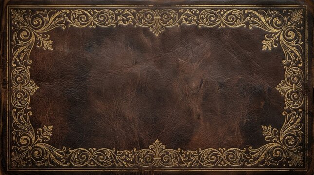 Ornate antique leather book cover with decorative gold border.