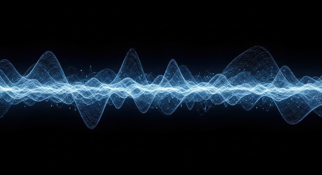 Abstract blue digital wave visualization on black background featuring frequency oscillations, audio spectrum, radio signals, or data flow with wireframe mesh and glowing particles.
