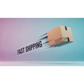 3D digital illustration of a cardboard parcel box flying through the air with speed motion blur trails and the text FAST SHIPPING on a pink and blue pastel gradient background.