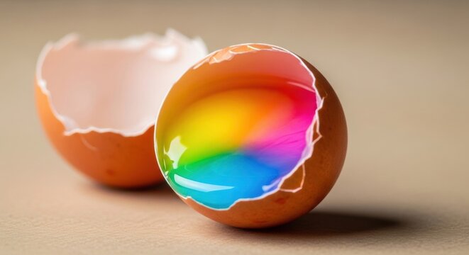 Close-up studio shot of a cracked brown eggshell on a neutral beige surface, revealing a vibrant liquid rainbow inside with colorful swirls of yellow, magenta, and blue.