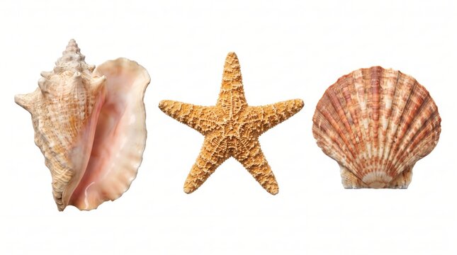 Three marine specimens including a spiral conch shell, a five-pointed orange starfish, and a textured, fan-shaped scallop shell on white