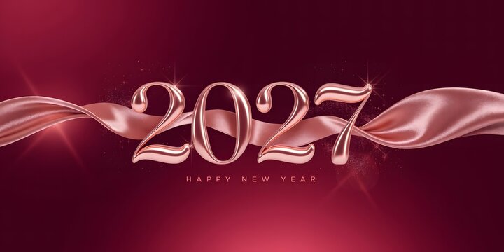 Rose gold 2027 text with flowing satin ribbon.