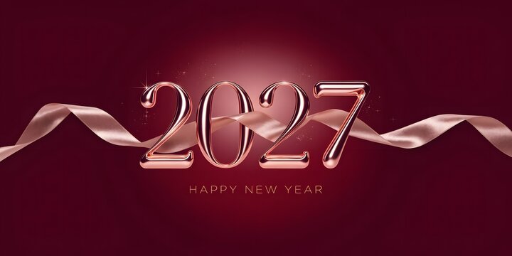 Rose gold 2027 banner on burgundy backdrop.