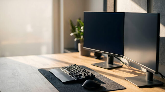 Modern minimalist workspace with dual monitors displaying command line interface, concept for cybersecurity protocols like SPF, DKIM, DMARC, and network defense strategies, ideal for IT professionals