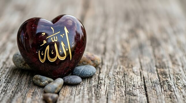 Heart gemstone with islamic calligraphy allah on wooden surface with