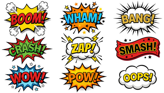 Comic book sound effects collection featuring bold typography vibrant colors expressive starburst shapes halftone dot patterns and dynamic action bubbles