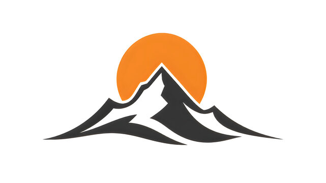 Minimalist mountain range logo with orange sun isolated graphic