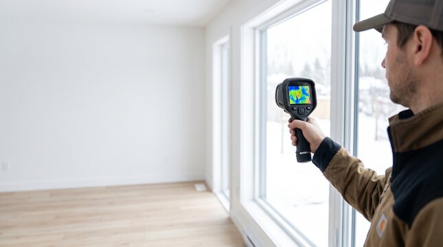 Home energy auditor holding thermal imaging camera, scanning window for heat loss and insulation leaks, interior inspection in modern empty house, real estate and home inspection