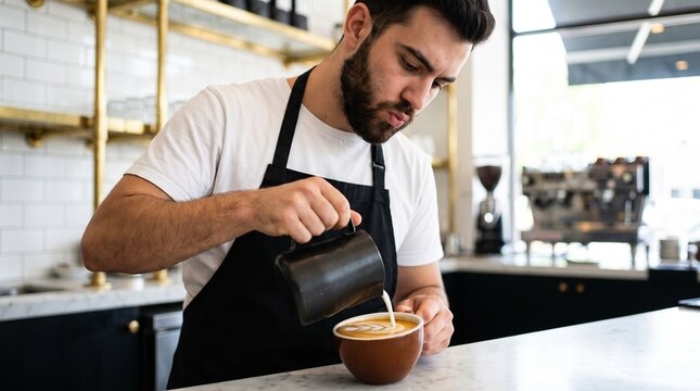 Professional barista pouring milk and making latte art in cafe, skilled coffee maker wearing apron preparing hot beverage, modern coffee shop interior