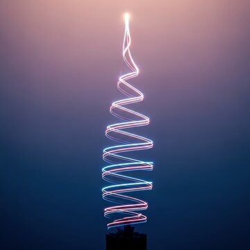 Abstract upward spiral of neon blue and pink light trails forming a conical shape against a dark blue and purple gradient background with a bright glowing tip at the top.
