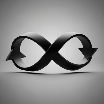 3D matte black infinity symbol formed by a continuous looping ribbon with arrowheads at both ends, centered on a neutral grey gradient background with soft shadows and depth.