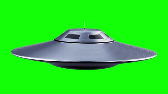UFO animation set &mdash; hovering and flying past on green screen isolated with alpha