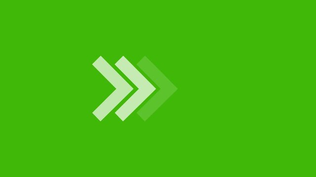 Dynamic animated triple arrow pointing right on chroma key green screen background, minimalist motion for user interface digital navigation symbol for web and app projects