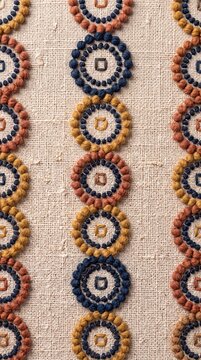 Vertical minimalist Japandi geometric beaded circle tapestry texture, tactile wool knots on raw linen for mobile wallpaper, 9:16