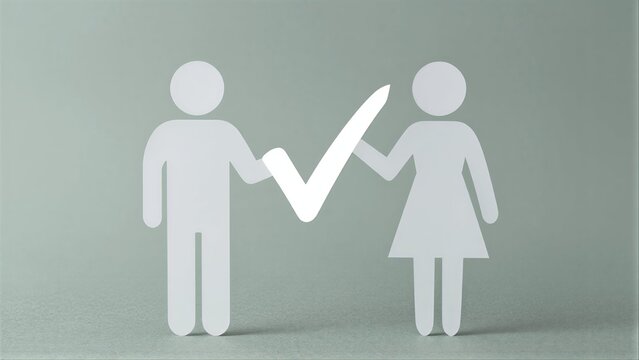 Two paper figures shake hands, forming a checkmark symbolizing agreement or success.