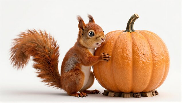 Adorable squirrel hugs a large orange pumpkin with cheerful expression.