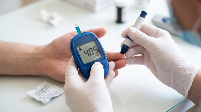 Diabetes Test in Clinic: A close-up view of a medical professional in latex gloves performing a blood glucose test on a patient's fingertip using a glucose meter in a sterile clinical environment.