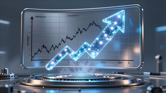 Futuristic glowing arrow rises on digital screen, symbolizing growth and technological advancement.