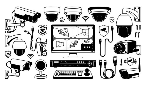 CCTV security camera system monitoring set with dome outdoor cameras screen recorder cables equipment vector