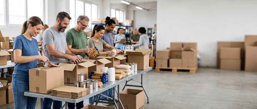 Diverse group of people packing food donations in a warehouse