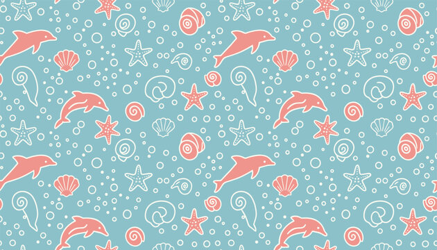 Seamless vector pattern design featuring cute pink dolphins, starfish, and seashells swimming in a light blue ocean.