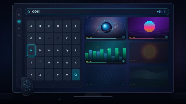 Smart TV on screen keyboard typing cosmos for streaming content discovery 4K loop
