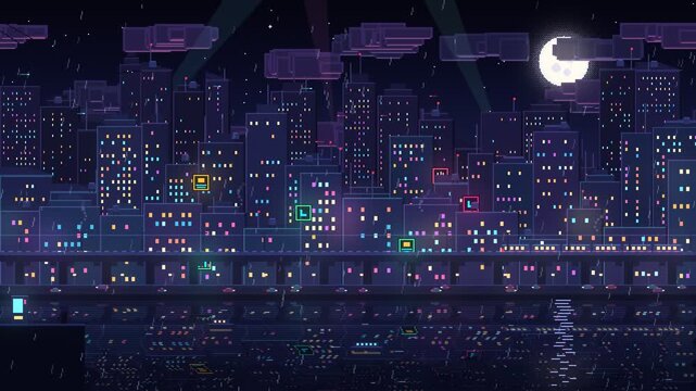 pixel art night city skyline loop with glowing windows and monorail animation