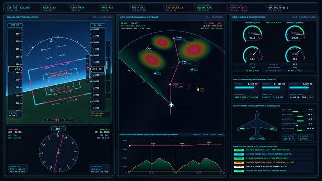 Modern glass cockpit flight instruments panel primary flight display synthetic vision weather radar eicas seamless loop animation
