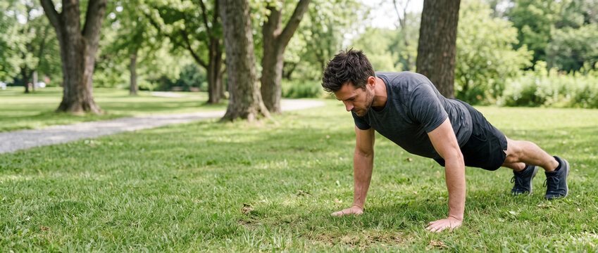 Man doing push-ups in a park during the day