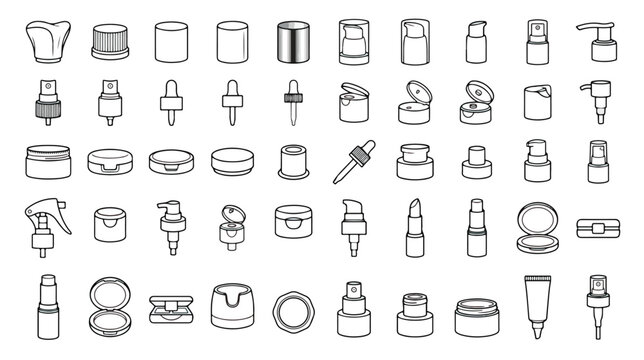 Cosmetic packaging icons set, vector line art caps and pump dispensers, beauty bottle tops and container lids, modern outline package elements for branding