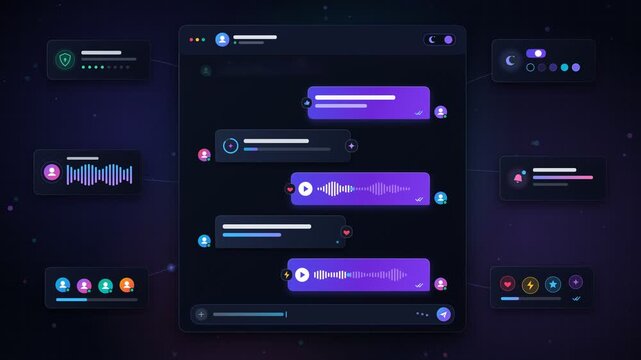 Dark mode instant messaging chat interface with floating message bubbles and audio waveforms