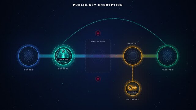 public key asymmetric encryption and private key decryption cryptography data flow loop animation