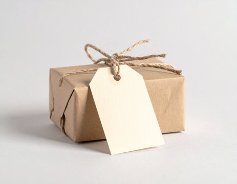 Small Gift Box Wrapped in Brown Paper with Jute Twine and Blank Tag