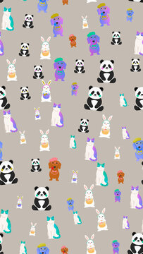 Cute Cartoon Animals Pattern with Pandas, Dogs, Cats, and Rabbits
