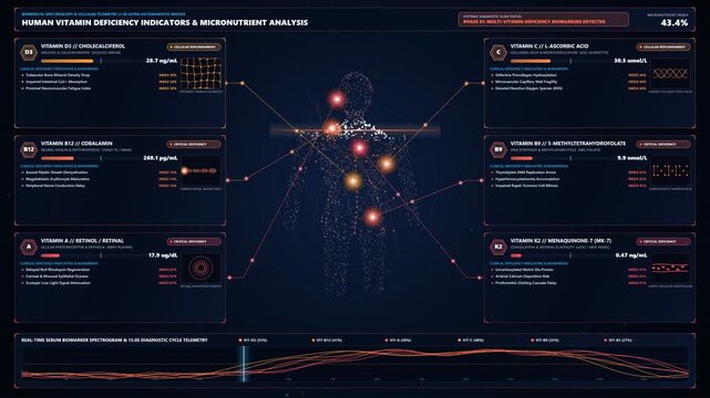 Medical Diagnostic Dashboard Displaying Human Vitamin Deficiency Indicators and Cellular Micronutrient Restoration
