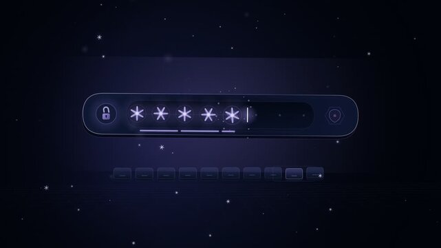 Cybersecurity password input field typing glowing asterisks with encryption shield animation