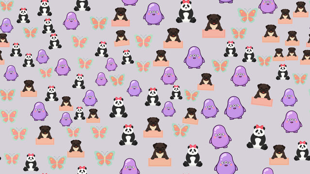 Cute cartoon pandas, pugs, and butterflies seamless pattern