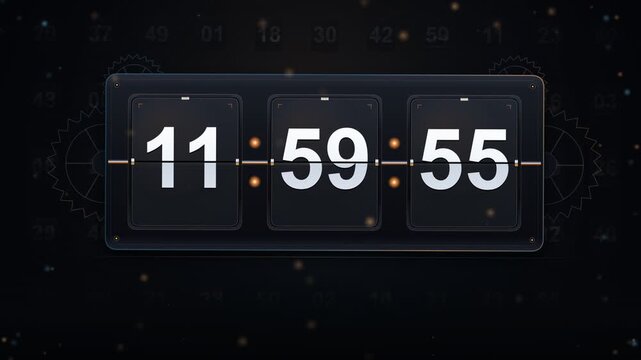 3D mechanical split flap retro futuristic flip clock time lapse seamless loop animation