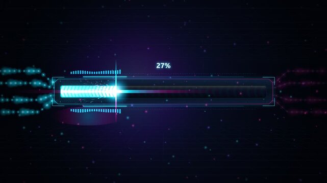 Futuristic Cyberpunk Glowing Neon Progress Bar Loading Transfer Meter with Plasma Particles