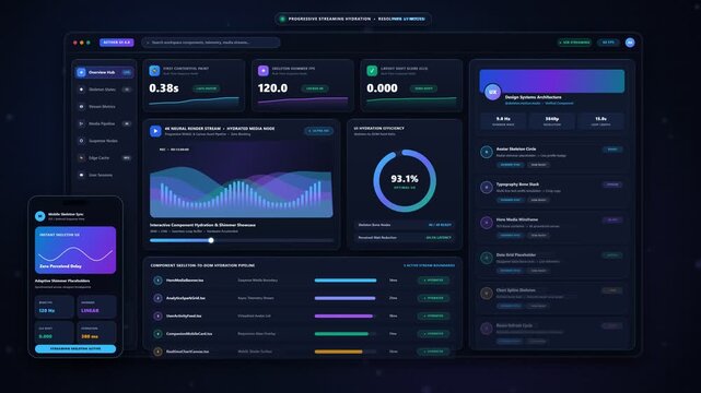 Skeleton loading screen transitioning to live dark mode UI dashboard analytics interface