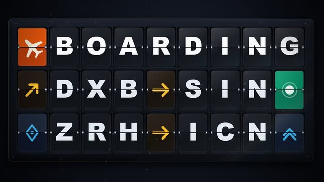 3D mechanical split flap airport departures board flipping letters kinetic typography seamless loop