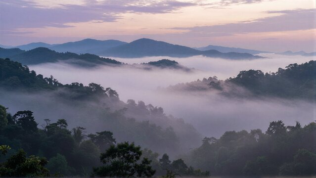 Misty mountains rise at dawn, clouds drift through lush green forests.