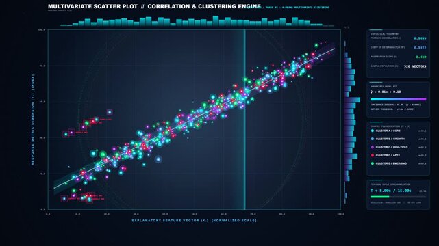 Multivariate scatter plot correlation and clustering engine analytical dashboard seamless loop animation